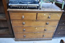 A Victorian stained pine chest of two over three drawers, width approx. 115cm