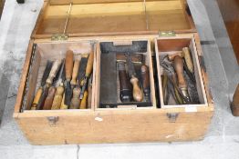 A vintage tool box and tools etc