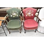 Two early to mid 20th Century stained frame armchairs with embroidery decoration