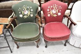 Two early to mid 20th Century stained frame armchairs with embroidery decoration