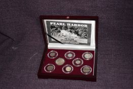 Pearl harbour, 75 year anniversary, eight coin collection, in wooden display box.