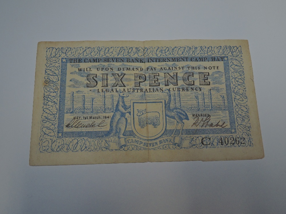 An Australian Six Pence Bank Note, dated Hay 1st March 1941, for the Seven Camp Interment Camp Hay,