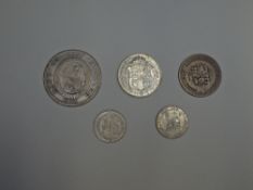 Five GB Silver Coins, George V 1917 Shilling, Queen Victoria 1887 Shilling, George III 1819 Half