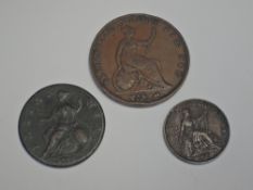 Five GB Copper Coins, 1857 Queen Victoria Penny, 1821 George IV Farthing, 1719 George I Half