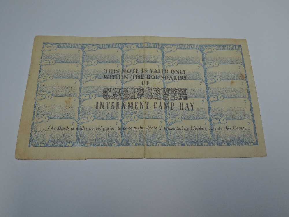 An Australian Six Pence Bank Note, dated Hay 1st March 1941, for the Seven Camp Interment Camp Hay, - Image 2 of 2