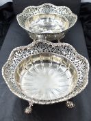 A pair of silver bon bon dishes of circular form having moulded and pierced decoration and hoof
