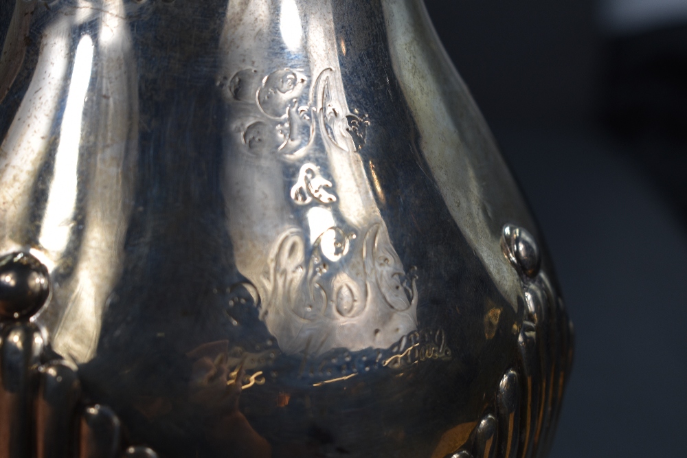 A Victorian silver hot water pot of baluster form having gadrooned decoration, engraved - Image 3 of 3