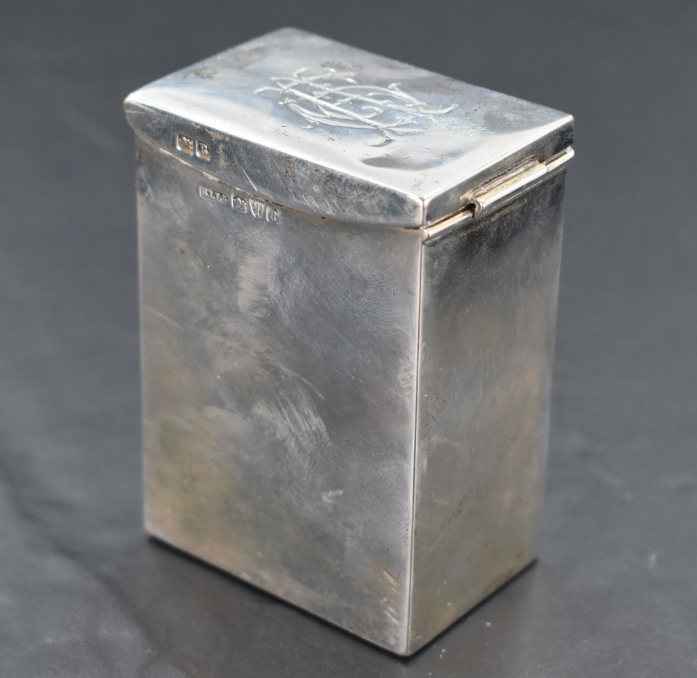 A Victorian/Edwardian silver playing card box of plain rectangular form bearing monogram to hinged