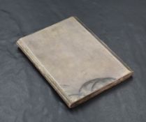 A silver cigarette case of slim form having engine turned decoration and inscription to interior,