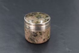 A small beige and green moss agate trinket with silver fittings, Birmingham 1923, Levi & Salaman,
