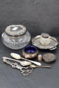 A selection of miscellaneous silver and white metal items, to include a silver and glass inkwell AF,