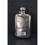 An Edwardian silver spirit flask of plain form with engraved monogram to side, bayonet lid and