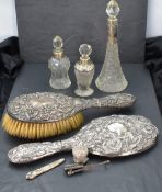 A small selection of Hm silver dressing table items including hand brush & mirror, and three cut