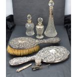 A small selection of Hm silver dressing table items including hand brush & mirror, and three cut