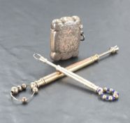 Two HM silver lace bobbins both bearing name 'elizabeth' and a small silver vesta having engraved