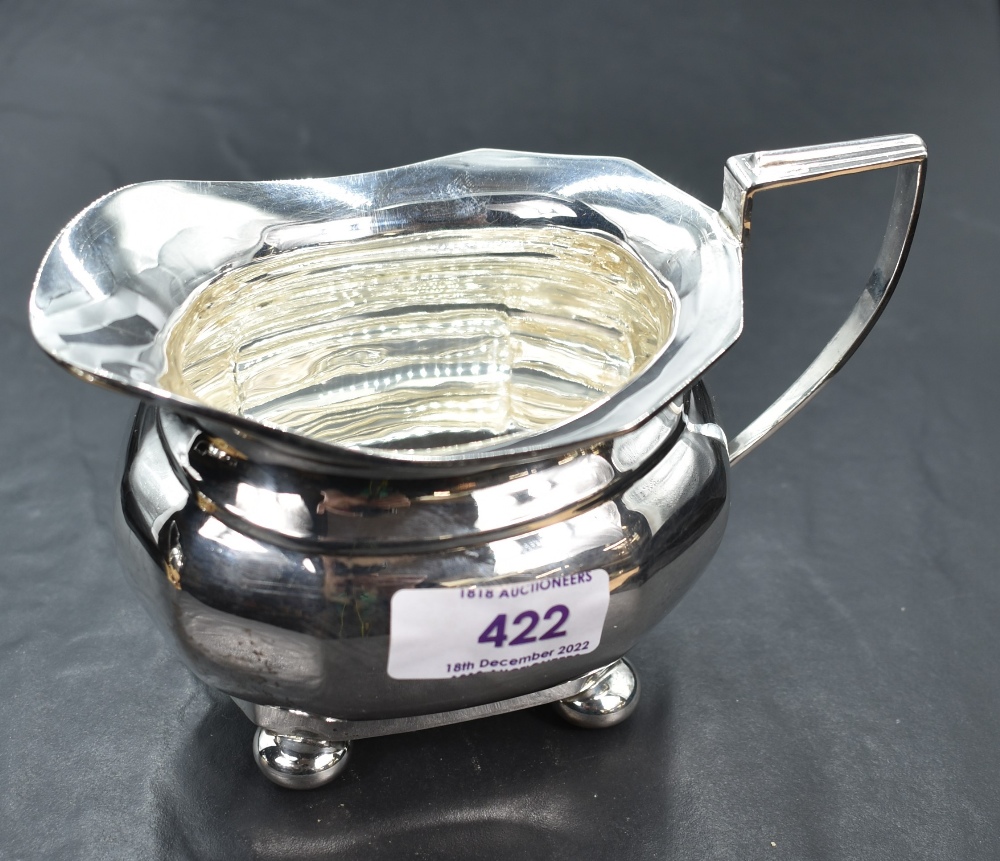 A matching silver cream jug and sugar bowl of oval form with architectural handles and bun feet, - Image 2 of 5