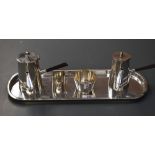 A silver-plated five piece bachelors coffee set, comprising coffee pot, hot water pot sugar, cream