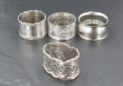 A group of three silver napkin rings, of variying age, design and maker, 60grams gross, sold along