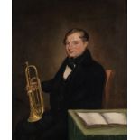 ENGLISH SCHOOL (CIRCA 1850) PORTRAIT OF A TRUMPETER HOLDING A RARE MODEL OF A SLIDE TRUMPET