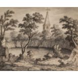 CAPTAIN JOHN BERNARD GILPIN (1701-1776) VIEW OF A CHURCH BEHIND A SMALL LAKE