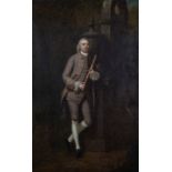 CIRCLE OF ARTHUR DEVIS (1712-1787) PORTRAIT OF A GENTLEMAN HOLDING A ONE KEY FLUTE