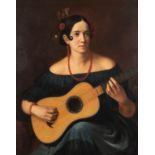 CONTINENTAL SCHOOL, FIRST HALF 19TH CENTURY PORTRAIT OF SPANISH FEMALE GUITARIST WEARING JEWELLERY