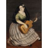 SPANISH SCHOOL, EARLY 19TH CENTURY PORTRAIT OF A YOUNG WOMAN HOLDING A GUITAR IN SPANISH DRESS