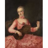 FRENCH SCHOOL, 18TH CENTURY PORTRAIT OF A YOUNG WOMAN IN A PINK DRESS HOLDING A GUITAR