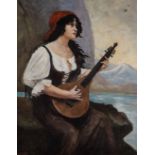 CONTINENTAL SCHOOL, EARLY 20TH CENTURY PORTRAIT OF WOMAN PLAYING A CITTERN IN A COUNTRYSIDE SETTING