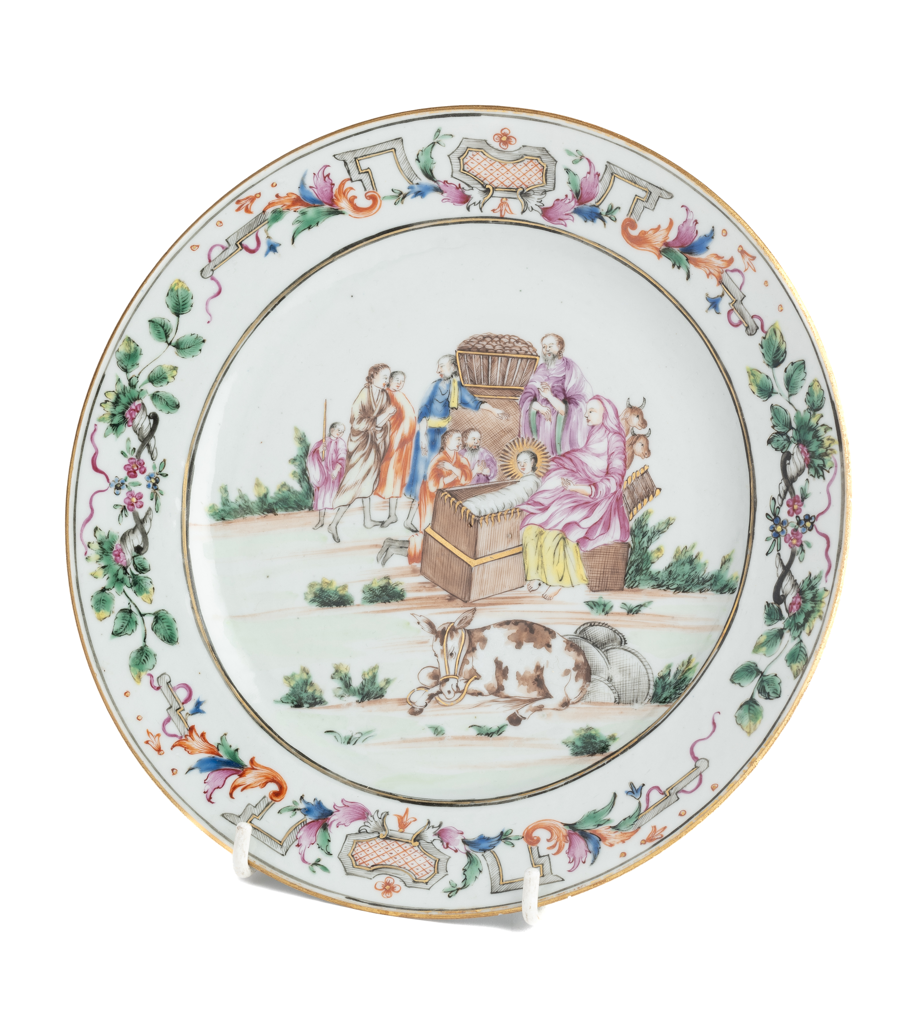 A CHINESE EXPORT PORCELAIN FAMILLE-ROSE 'NATIVITY' PLATE, 18TH CENTURY