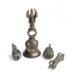 THREE BRONZE BELLS AND A RITUAL THUNDERBOLT (VAJRA), JAVA, 10TH-12TH CENTURIES