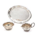 A GERMAN SILVER MILK JUG, SUGAR BOWL AND TRAY SET, OTTO WOLTER, SCHWAEBISH GMUEND, MID 20TH CENTURY