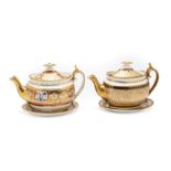 TWO SPODE TEAPOTS AND COVERS WITH STANDS, CIRCA 1810