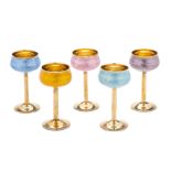 A SET OF FIVE NORWEGIAN SILVER-GILT AND ENAMEL AQUAVIT GOBLETS, DAVID-ANDERSEN, OSLO, CIRCA 1920