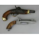 A 20 BORE CONTINENTAL MILITARY PISTOL, CIRCA 1840 AND AN 80 BORE CONTINENTAL D.B. PIN-FIRE PISTOL, C