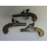 A 42 BORE FLINTLOCK POCKET PISTOL SIGNED BUTLERS, LONDON, BIRMINGHAM PROOF MARKS, CIRCA 1840; ANOTHE