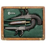 A CASED PAIR OF 60 BORE FLINTLOCK BOX-LOCK POCKET PISTOLS SIGNED TWIGG, LONDON, BIRMINGHAM PROOF MAR