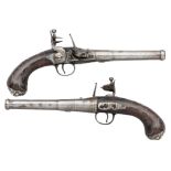 A PAIR OF 18 BORE ENGLISH SILVER-MOUNTED FLINTLOCK TURN-OFF PISTOL BY JOHN EASTERBY, LONDON, CIRCA 1