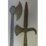 TWO DECORATIVE IRON SWORDS, A HALBERD HEAD AND AN AXE, LATE 19TH/20TH CENTURY, AN ARMING SWORD, 17TH