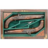 ˜A CASED PAIR OF 16 BORE PERCUSSION OFFICER~S PISTOLS BY HAMBURGER & CO., LONDON, BIRMINGHAM PROOF M