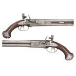 A FINE AND RARE PAIR OF 18 BORE SILVER-MOUNTED FLINTLOCK OVER-AND-UNDER DOUBLE TRIGGER HOLSTER PISTO