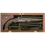 A CASED 12 BORE D.B. PERCUSSION HOWDAH PISTOL BY T. HAMPTON & SON, CIRCA 1830