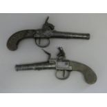 A 50 BORE FLINTLOCK TURN-OFF PISTOL BY T. HENSHAW CIRCA 1750 AND A 54 BORE PERCUSSION TURN-OFF PISTO