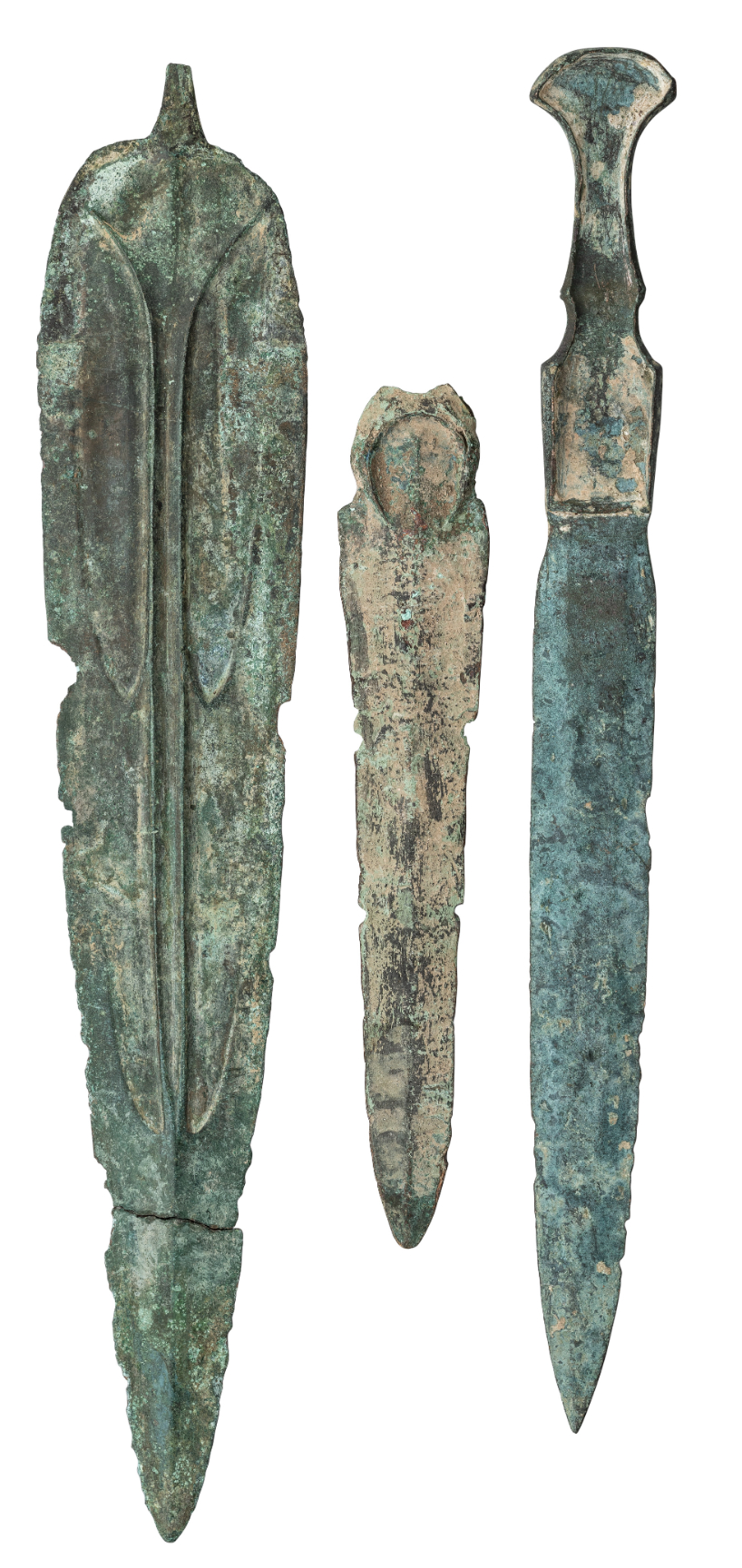 A BRONZE DAGGER, PROBABALY LURISTAN 3RD CENTURY B.C., NINE FURTHER BRONZE DAGGER BLADES AND A SPEARH