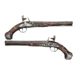 A FINE AND RARE PAIR OF 20 BORE FLINTLOCK LONG HOLSTER PISTOLS BY ROBERT HARVEY, LONDON, CIRCA 1710