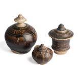 THREE KHMER BROWN GLAZED STONEWARE POTS