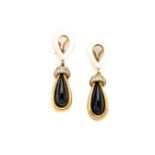 PAIR OF ONYX AND DIAMOND PENDENT EARRINGS