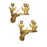 A PAIR OF FRENCH EMPIRE THREE-LIGHT ORMOLU WALL SCONCES