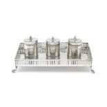 AN ITALIAN SILVER INKSTAND AND THREE BOTTLES