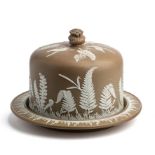 A STAFFORDSHIRE BROWN JASPERWARE CHEESE DOME AND STAND